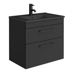Arezzo 600 Matt Black Wall Hung 2 Drawer Vanity Unit with Matt Black Slimline Basin + Handles