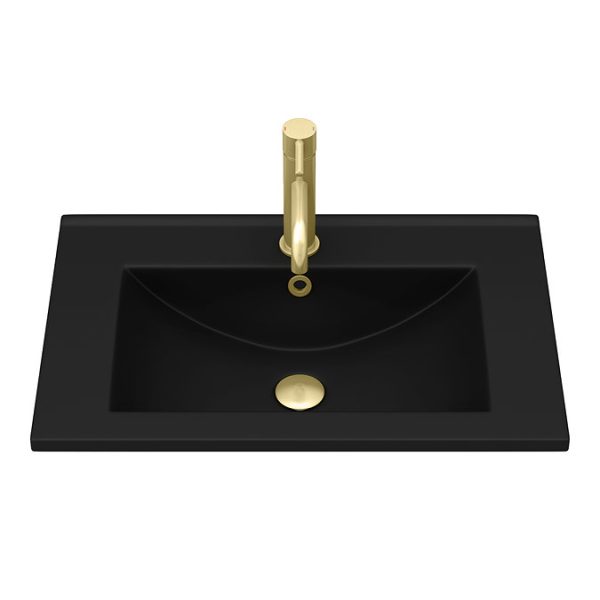 Arezzo 600 Matt Black Floor Standing 2 Drawer Vanity Unit with Matt Black Slimline Basin + Brushed Brass Handles - Image 2