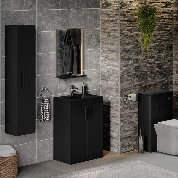 Arezzo 600 Matt Black Floor Standing Vanity Unit with Matt Black Slimline Basin + Handles - Image 2