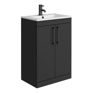 Arezzo 600 Matt Black Floor Standing Vanity Unit with White Slimline Basin + Matt Black Handles