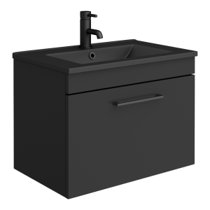 Arezzo 600 Matt Black Wall Hung 1 Drawer Vanity Unit with Matt Black Slimline Basin + Handle