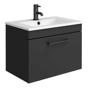 Arezzo 600 Matt Black Wall Hung 1 Drawer Vanity Unit with White Slimline Basin + Matt Black Handle