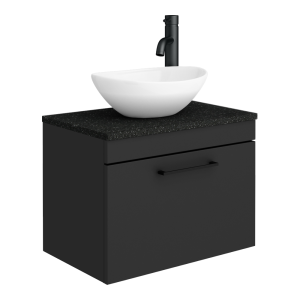 Arezzo Wall Hung Countertop Vanity Unit   Matt Black   600mm with Black Worktop, Black Handle and Oval Basin