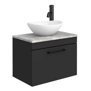Arezzo Wall Hung Countertop Vanity Unit   Matt Black   600mm with Bellato Grey Worktop, Black Handle and Oval Basin