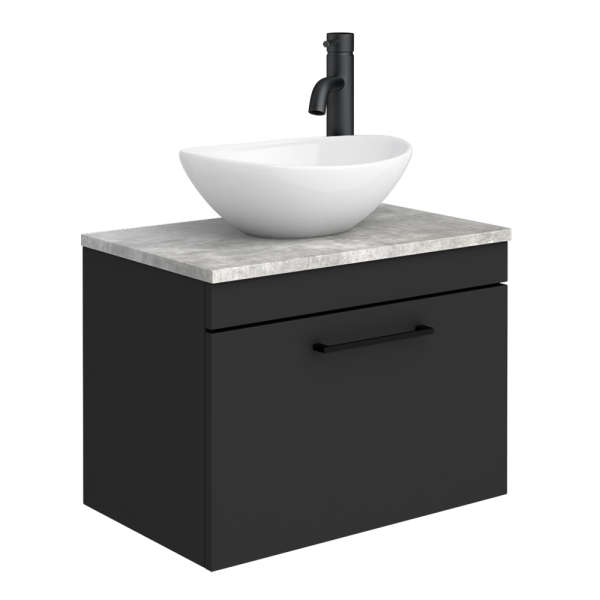 Arezzo Wall Hung Countertop Vanity Unit   Matt Black   600mm with Bellato Grey Worktop, Black Handle and Oval Basin