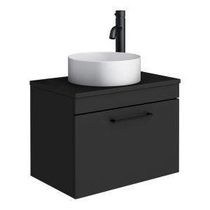 Arezzo Wall Hung Countertop Vanity Unit   Matt Black   600mm with Worktop, Black Handle & Matt White Round Basin