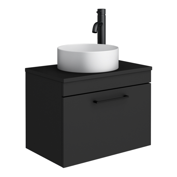 Arezzo Wall Hung Countertop Vanity Unit   Matt Black   600mm with Worktop, Black Handle & Matt White Round Basin
