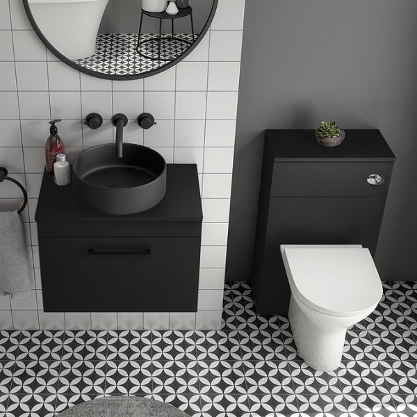 Arezzo Wall Hung Countertop Vanity Unit   Matt Black   600mm with Worktop, Black Handle & Matt Black Round Basin - Image 5