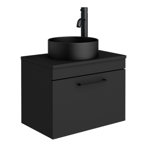 Arezzo Wall Hung Countertop Vanity Unit   Matt Black   600mm with Worktop, Black Handle & Matt Black Round Basin