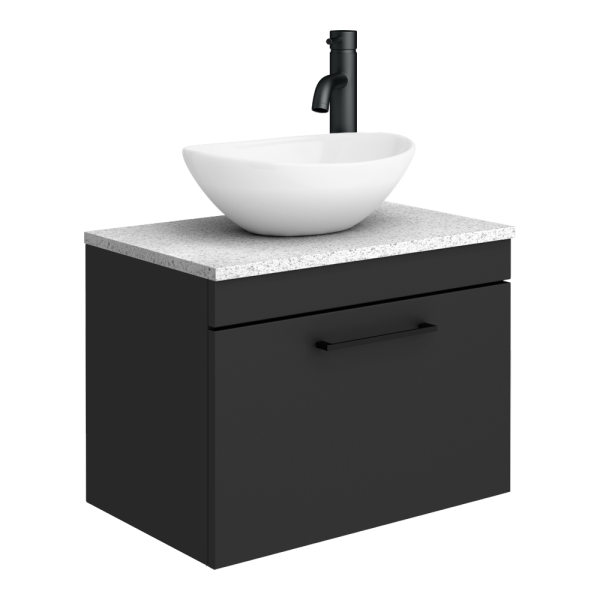 Arezzo Wall Hung Countertop Vanity Unit   Matt Black   600mm with White Worktop, Black Handle and Oval Basin