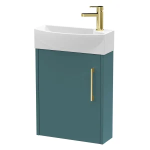 Arezzo Matt Teal Green 450mm 1TH Wall Hung Cloakroom Vanity Unit with Brushed Brass Handle
