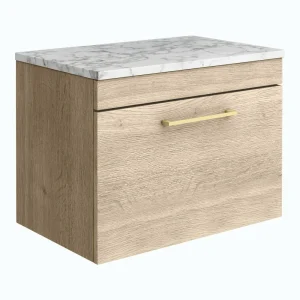 Arezzo Wall Hung Countertop Vanity Unit   Rustic Oak   600mm w. Matt White Marble Worktop & Brass Handle