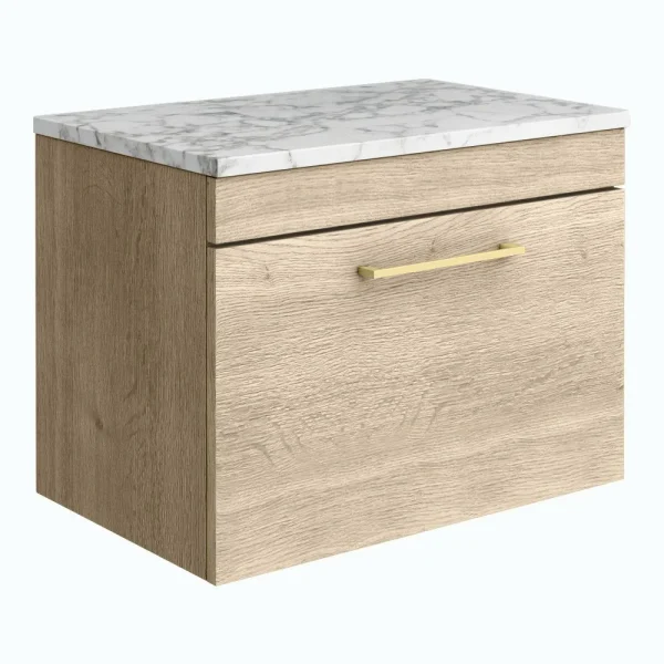 Arezzo Wall Hung Countertop Vanity Unit   Rustic Oak   600mm w. Matt White Marble Worktop & Brass Handle