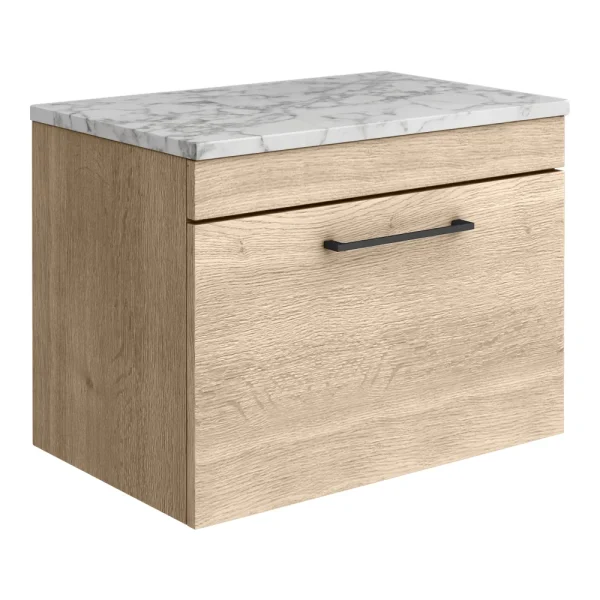 Arezzo Wall Hung Countertop Vanity Unit   Rustic Oak   600mm w. Matt White Marble Worktop & Matt Black Handle