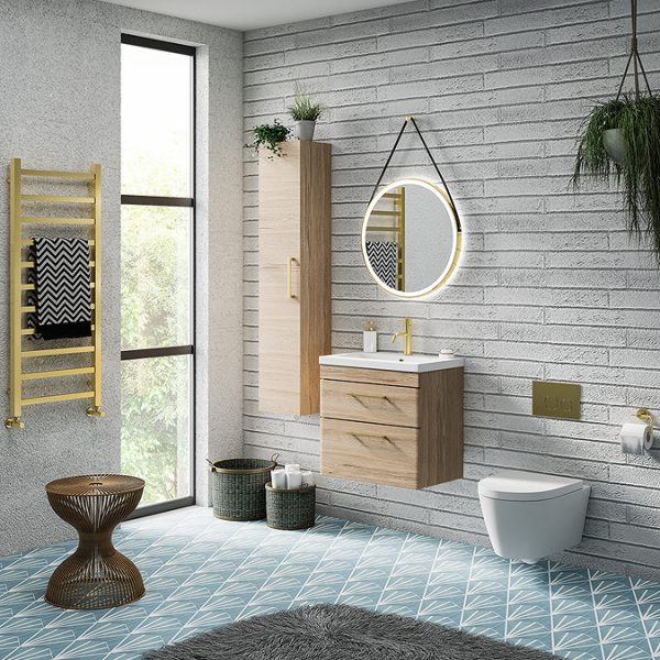 Arezzo 600 Rustic Oak Wall Hung 2 Drawers Vanity Unit with Brushed Brass Handles - Image 2