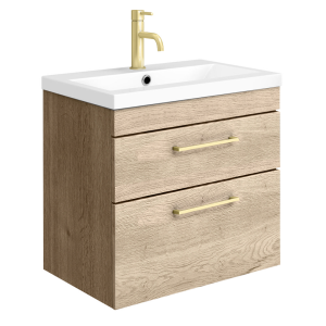 Arezzo 600 Rustic Oak Wall Hung 2 Drawers Vanity Unit with Brushed Brass Handles