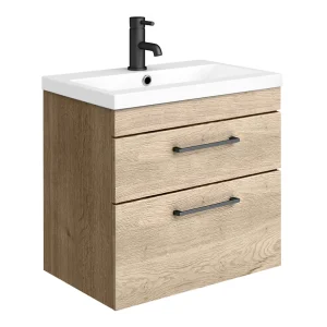 Arezzo 600 Rustic Oak Wall Hung 2 Drawers Vanity Unit with Matt Black Handles