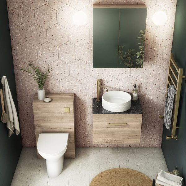 Arezzo Wall Hung Countertop Vanity Unit   Rustic Oak   600mm with Black Worktop & Brushed Brass Handle - Image 2