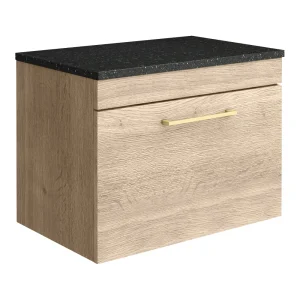Arezzo Wall Hung Countertop Vanity Unit   Rustic Oak   600mm with Black Worktop & Brushed Brass Handle