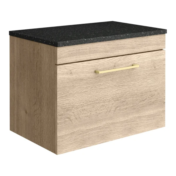 Arezzo Wall Hung Countertop Vanity Unit   Rustic Oak   600mm with Black Worktop & Brushed Brass Handle