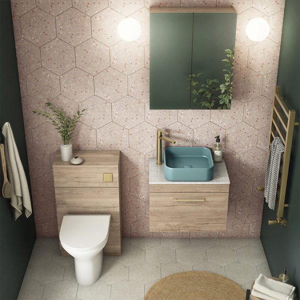 Arezzo Wall Hung Countertop Vanity Unit   Rustic Oak   600mm with White Worktop & Brushed Brass Handle - Image 2
