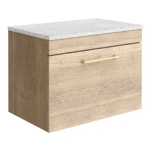 Arezzo Wall Hung Countertop Vanity Unit   Rustic Oak   600mm with White Worktop & Brushed Brass Handle