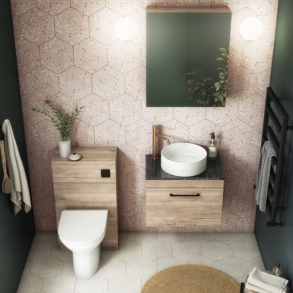 Arezzo Wall Hung Countertop Vanity Unit   Rustic Oak   600mm with Black Worktop & Matt Black Handle - Image 2