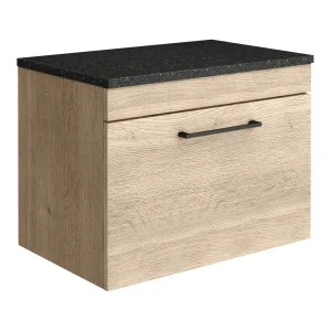 Arezzo Wall Hung Countertop Vanity Unit   Rustic Oak   600mm with Black Worktop & Matt Black Handle