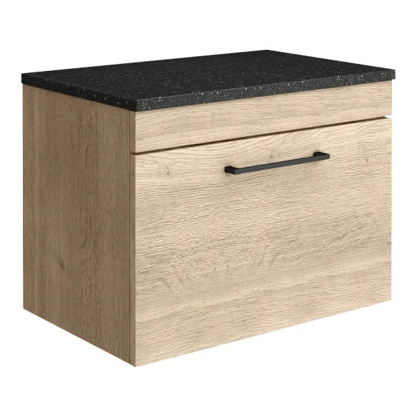 Arezzo Wall Hung Countertop Vanity Unit   Rustic Oak   600mm with Black Worktop & Matt Black Handle