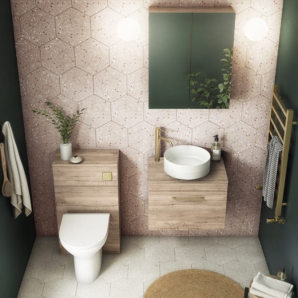 Arezzo Wall Hung Countertop Vanity Unit   Rustic Oak   600mm with Worktop & Brushed Brass Handle - Image 2