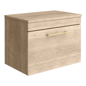 Arezzo Wall Hung Countertop Vanity Unit   Rustic Oak   600mm with Worktop & Brushed Brass Handle