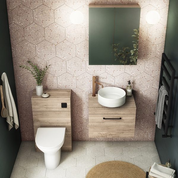 Arezzo Wall Hung Countertop Vanity Unit   Rustic Oak   600mm with Worktop & Matt Black Handle - Image 2