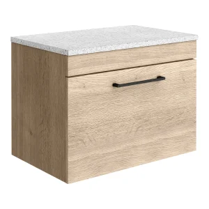 Arezzo Wall Hung Countertop Vanity Unit   Rustic Oak   600mm with White Worktop & Matt Black Handle