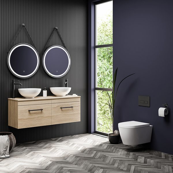 Arezzo Rustic Oak 1200mm Wall Hung Double Countertop Vanity Unit with Matt Black Handles & 2 Basins - Image 7