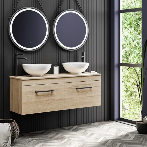 Arezzo Rustic Oak 1200mm Wall Hung Double Countertop Vanity Unit with Matt Black Handles & 2 Basins