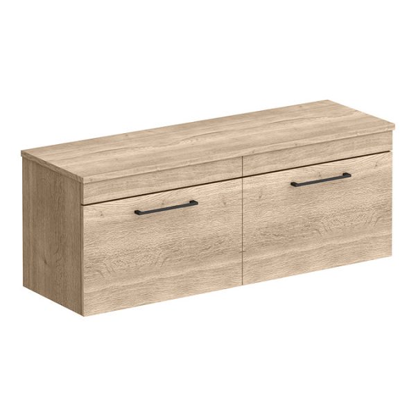 Arezzo Rustic Oak Wall Hung Double Countertop Vanity incl. 2 Matt Black Basins (1200mm w. Black Handles) - Image 3