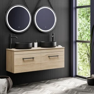 Arezzo Rustic Oak Wall Hung Double Countertop Vanity incl. 2 Matt Black Basins (1200mm w. Black Handles)
