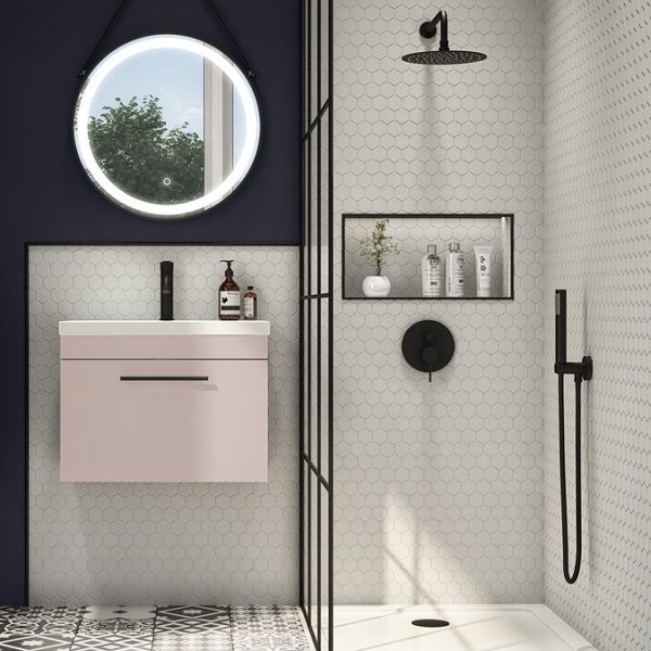 Arezzo Wall Hung Vanity Unit   Matt Pink   600mm with Industrial Style Black Handle - Image 5