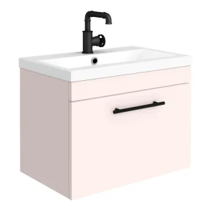 Arezzo Wall Hung Vanity Unit   Matt Pink   600mm with Industrial Style Black Handle