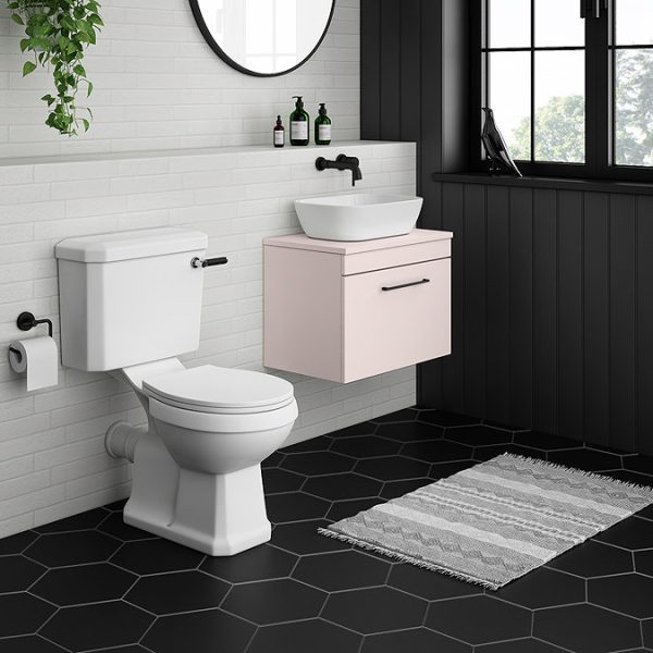 Arezzo Wall Hung Countertop Basin Unit   Pink with Matt Black Handle   600mm inc. White Basin - Image 2