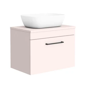 Arezzo Wall Hung Countertop Basin Unit   Pink with Matt Black Handle   600mm inc. White Basin