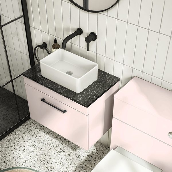 Arezzo Wall Hung Countertop Vanity Unit   Matt Pink   600mm with Black Worktop & Matt Black Handle - Image 5