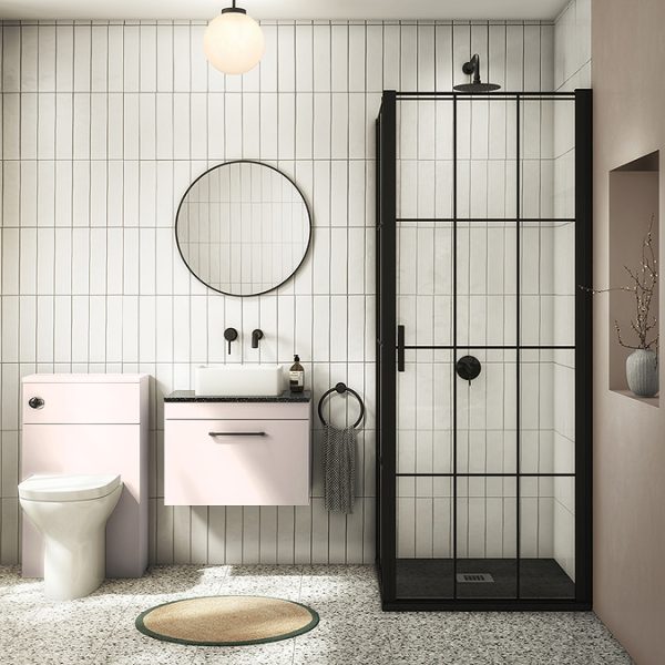 Arezzo Wall Hung Countertop Vanity Unit   Matt Pink   600mm with Black Worktop & Matt Black Handle - Image 6