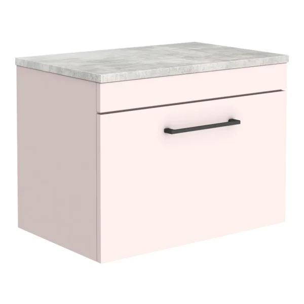 Arezzo Wall Hung Countertop Vanity Unit   Matt Pink   600mm with Grey Worktop & Matt Black Handle
