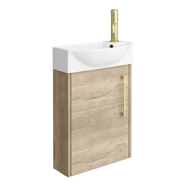Arezzo Rustic Oak 450mm 1TH Wall Hung Cloakroom Vanity unit with Brushed Brass Handle - Image 2