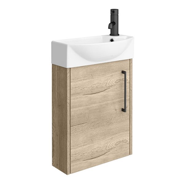 Arezzo Rustic Oak 450mm 1TH Wall Hung Cloakroom Vanity Unit with Matt Black Handle - Image 2