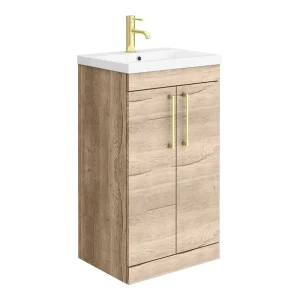 Arezzo Floor Standing Vanity Unit   Rustic Oak   500mm with Brushed Brass Handles