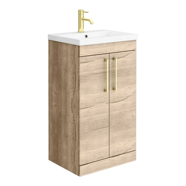 Arezzo Floor Standing Vanity Unit   Rustic Oak   500mm with Brushed Brass Handles
