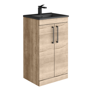 Arezzo Floor Standing Vanity Unit   Rustic Oak   500mm with Matt Black Slimline Basin + Handles
