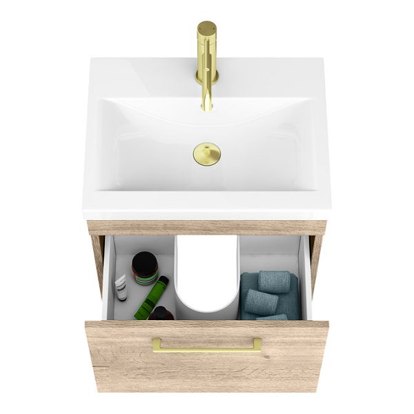 Arezzo Wall Hung Vanity Unit   Rustic Oak   500mm with Brushed Brass Handle - Image 4
